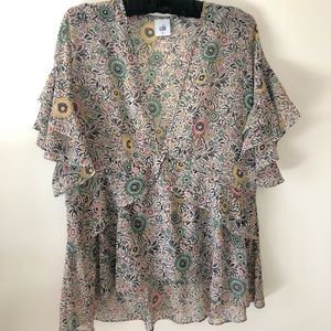 Cabi Poets Blouse 5344 Floral Sheer Ruffle Medium